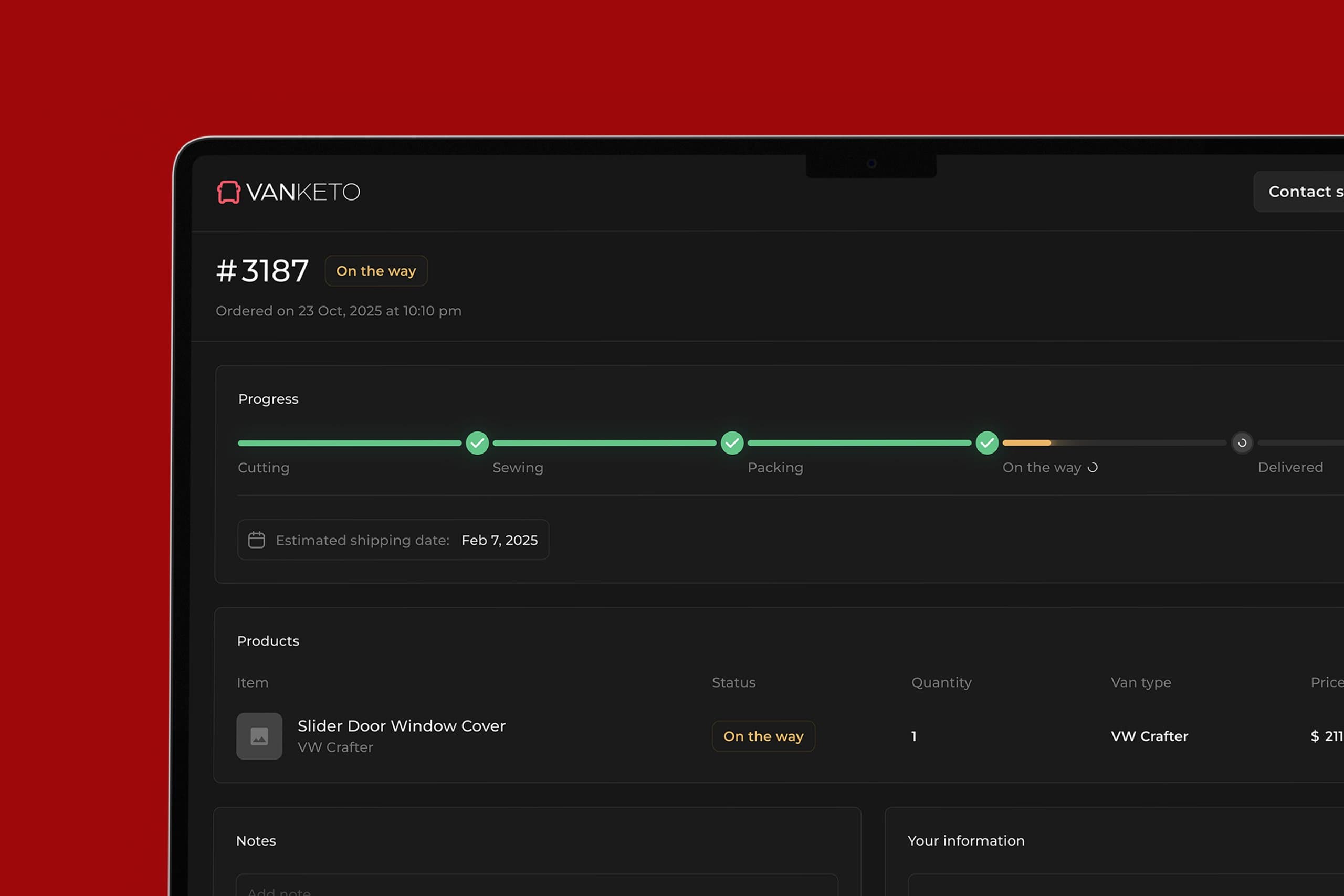 Vanketo order progress in the customer portal