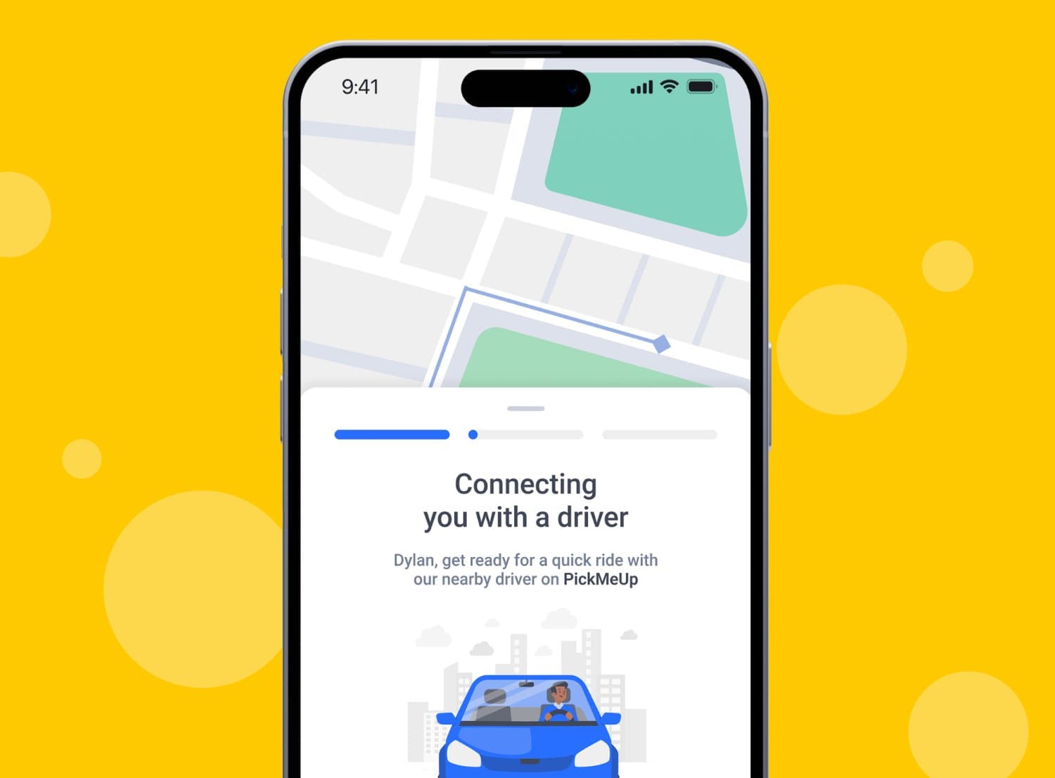 PickMeUp “Connecting you with a driver” screen