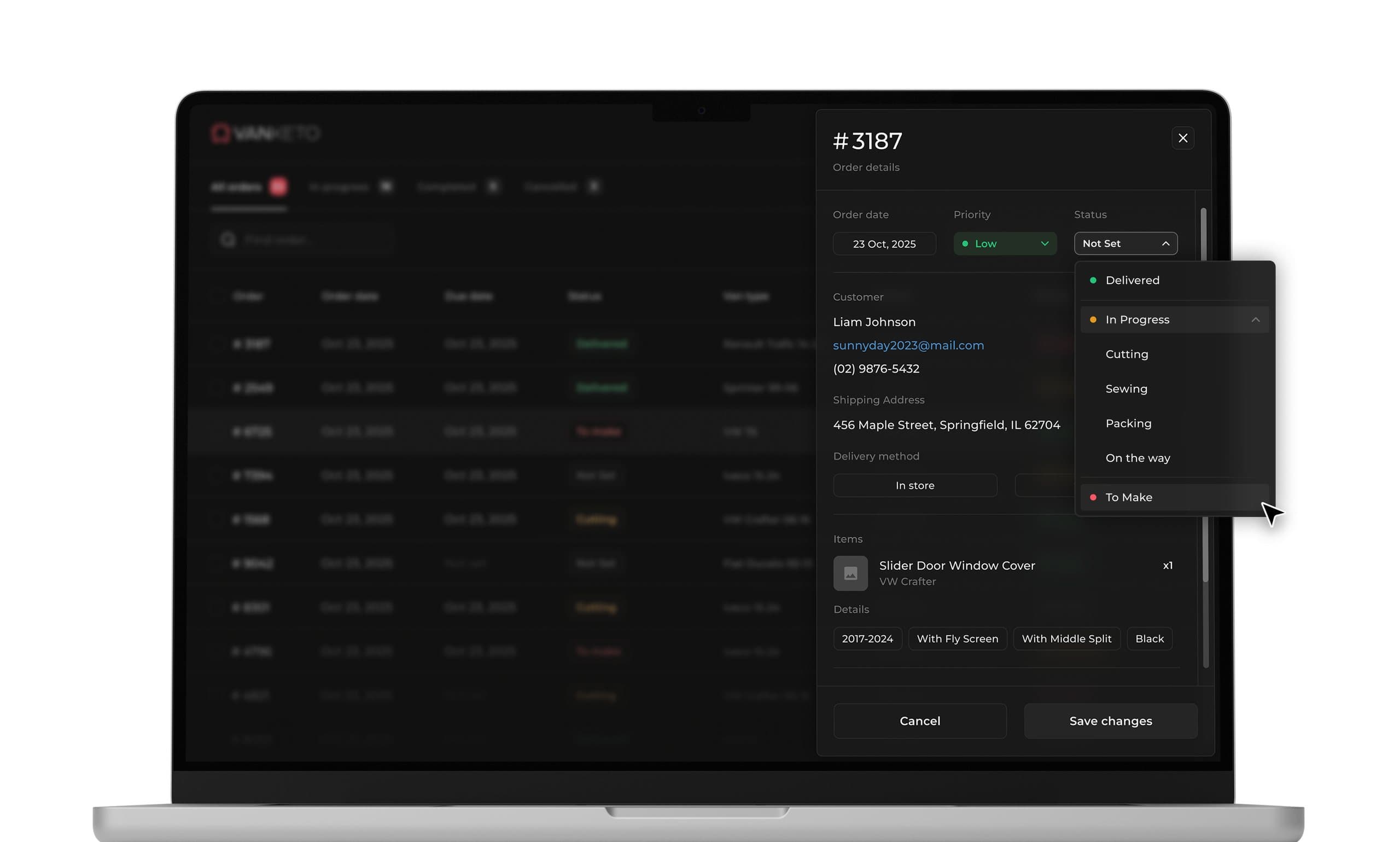 Vanketo order status on a laptop