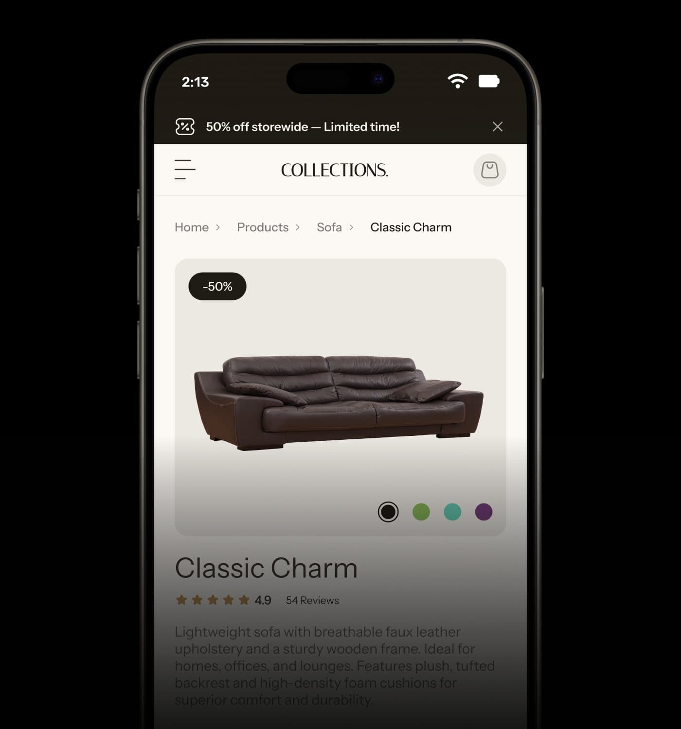 Collections product details on a phone