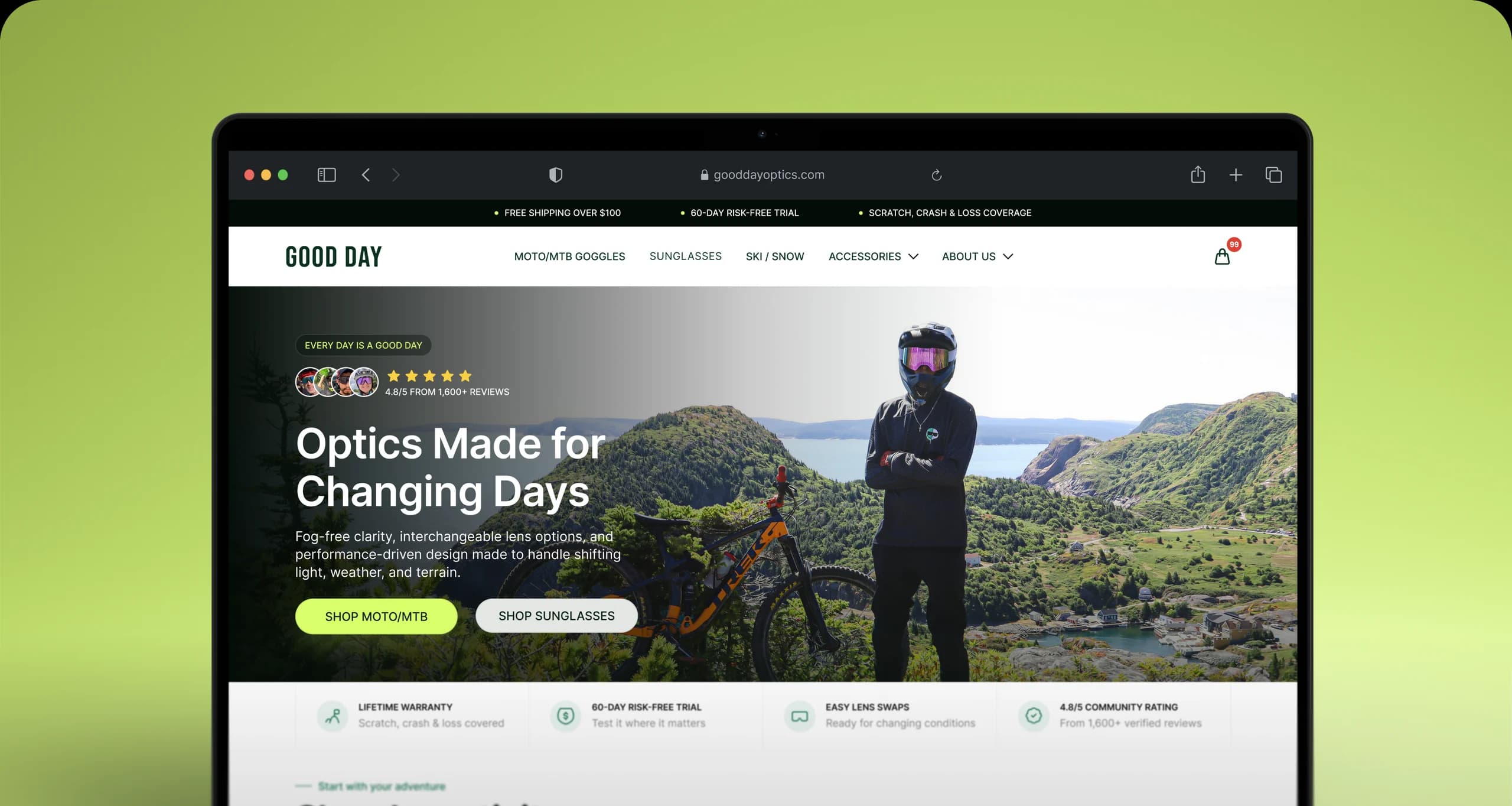 GoodDay Optics homepage on a laptop