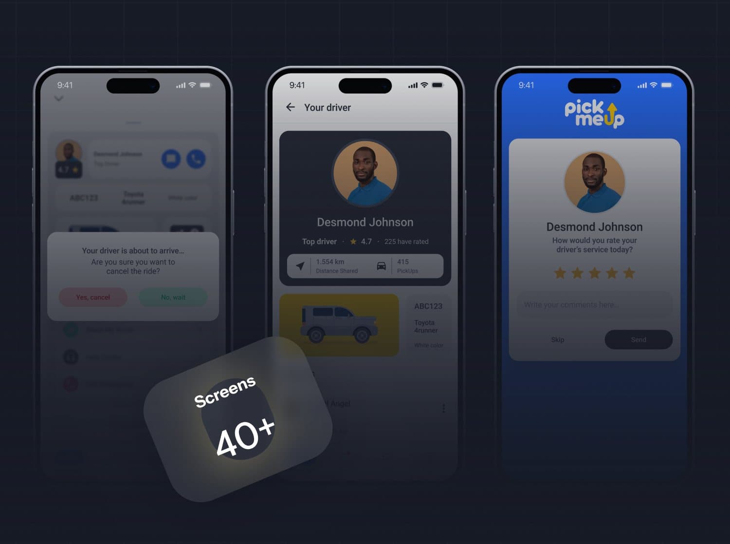 PickMeUp driver profile, arrival and rating screens