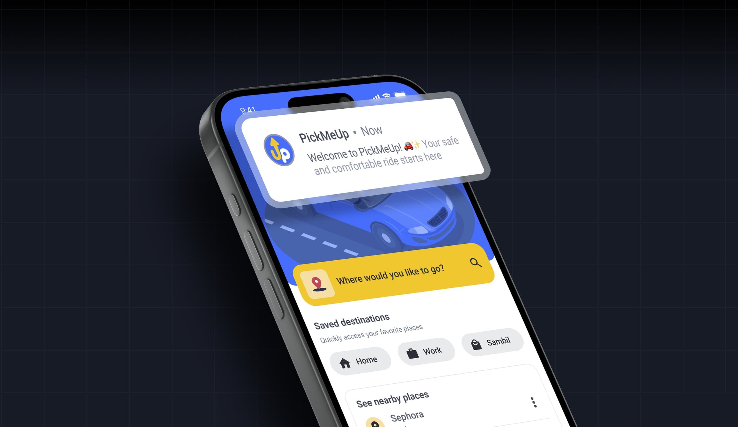 PickMeUp welcome notification on a phone