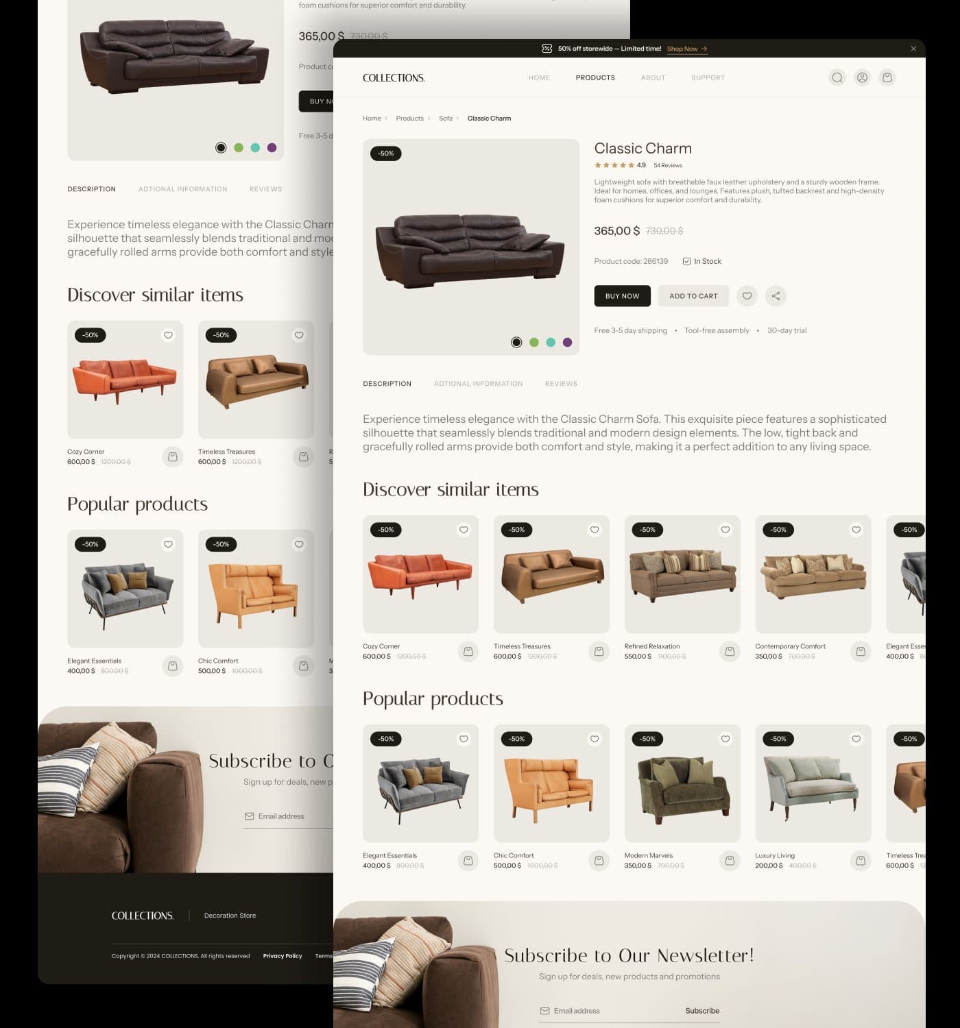 Collections product details on desktop and mobile