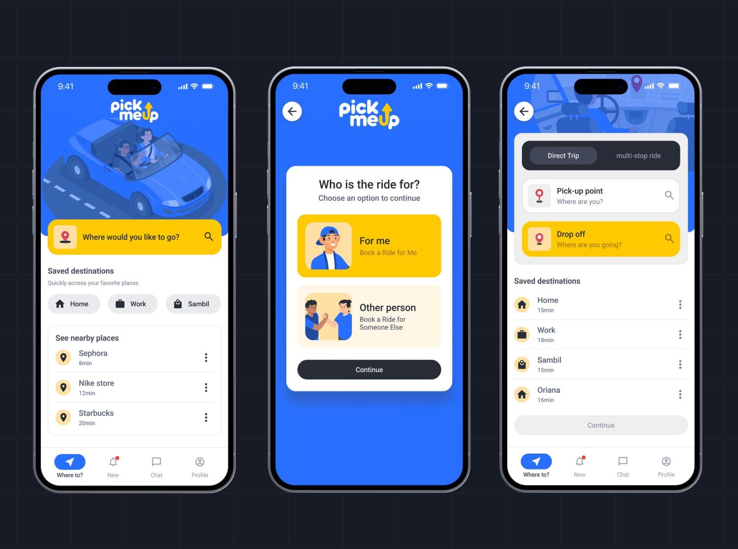 PickMeUp home, rider and pick-up and drop-off screens