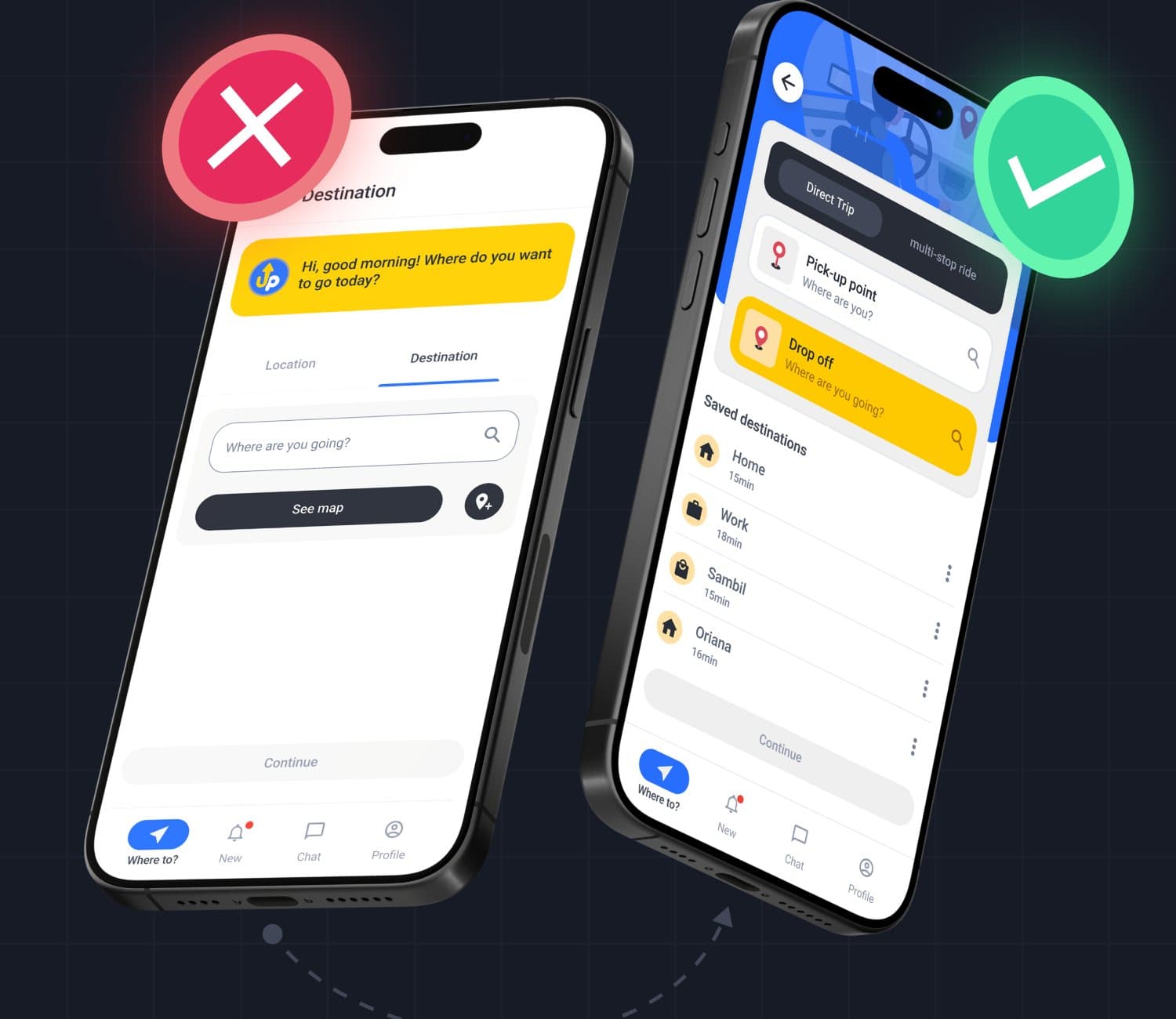 PickMeUp destination screen before and after testing