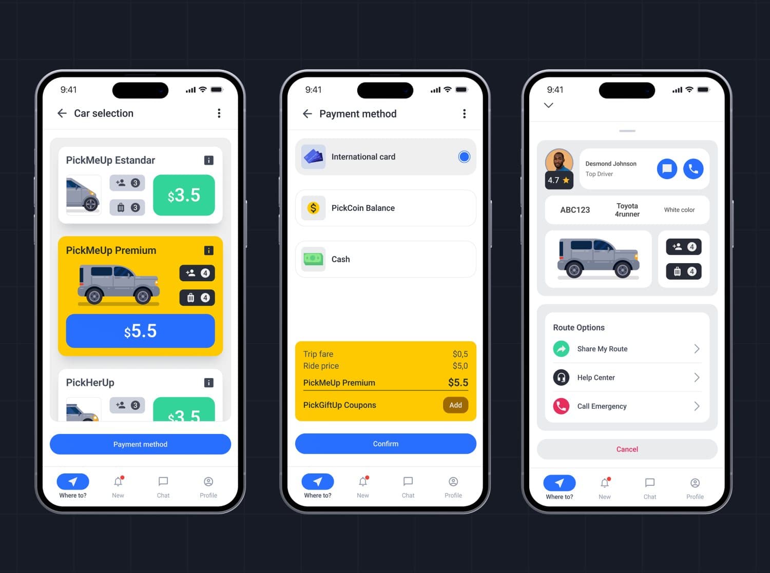 PickMeUp car selection, payment and driver screens